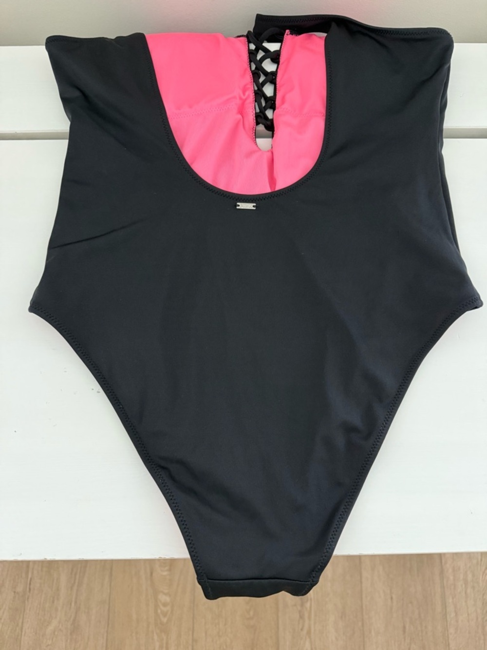 Victoria’s Secret PINK Black Lace Up One Piece Swimsuit Pink Lining Medium - Picture 8 of 10